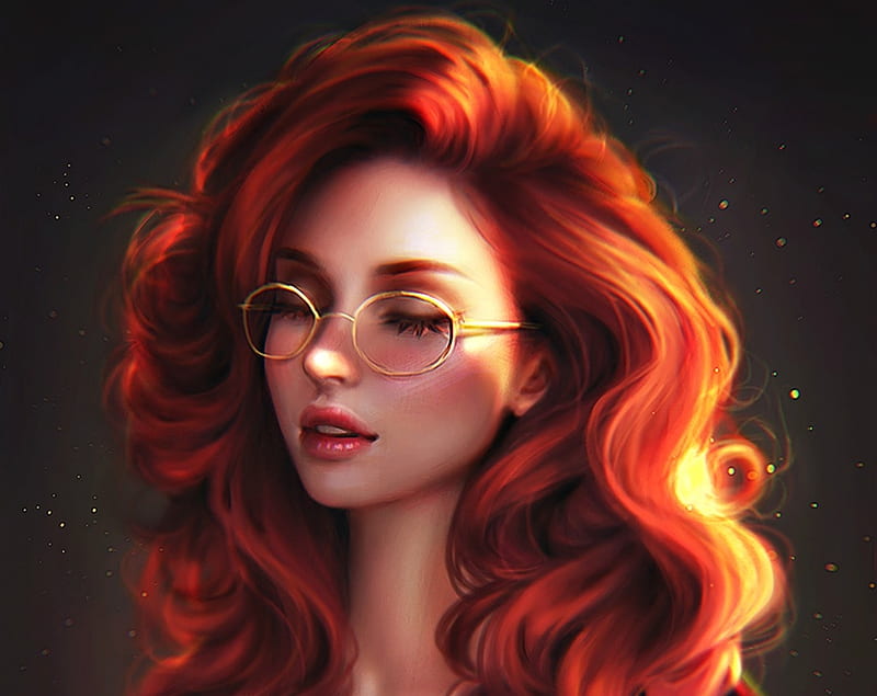 Beauty, art, frumusete, luminos, redhead, glasses, see the world burn, fantasy, girl, serafleur, HD wallpaper