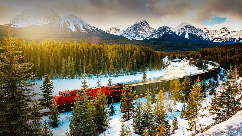 Canadian Railway train, forest, winter, mountain, railway, snow, train, Canada, national park, Banff, HD wallpaper