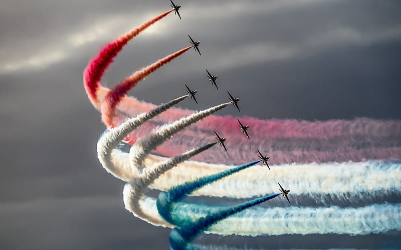 aerobatic team, Red Arrows, Hawker Siddeley Hawk, Royal Air Force, Great Britain, flag of France, HD wallpaper