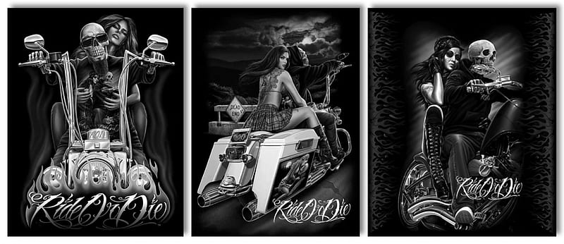 Ride or Die, black and white, skeleton, bones, motorbikes, HD wallpaper