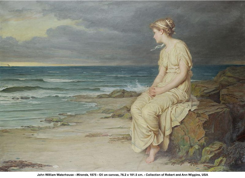 William Waterhouse. 'Miranda.', art, poetry, pre raphaelite, romanticism, shakespeare, sea, HD wallpaper