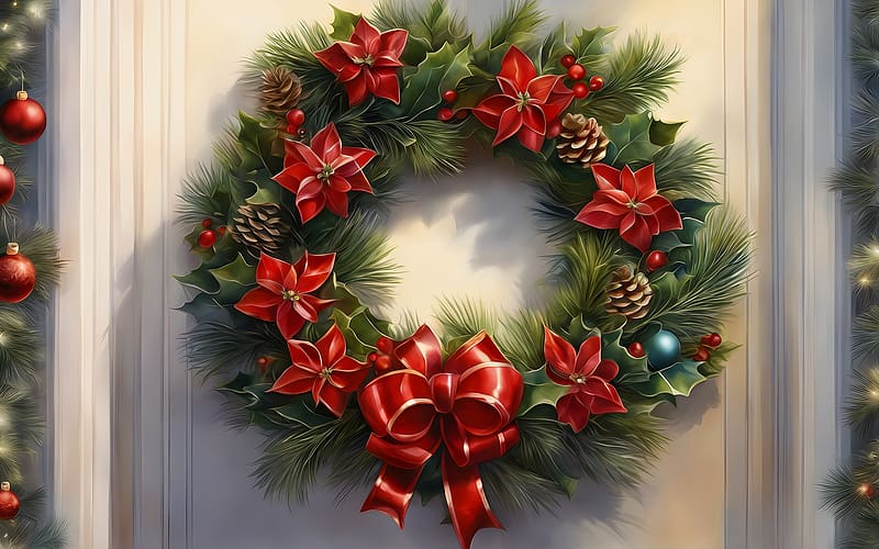 Advent Wreath, AI art, bow, wreath, advent, pine cones, flowers, HD wallpaper
