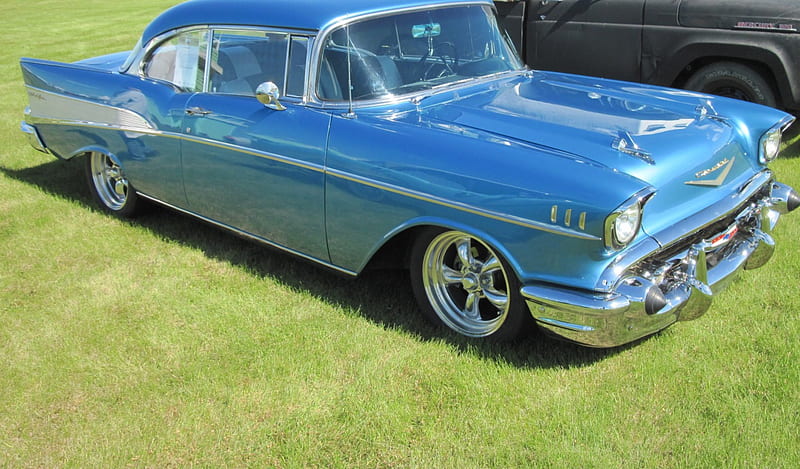 1957 Chevrolet Bel Air, graphy, headlights, Blue, Chevrolet, HD wallpaper