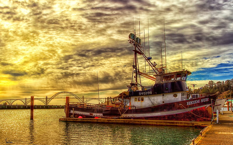 Heidi Sue, pier, sunset, fishing vessel, R, HD wallpaper