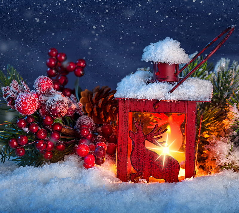 Christmas Lantern, decoration, light, merry, night, snow, winter, HD ...