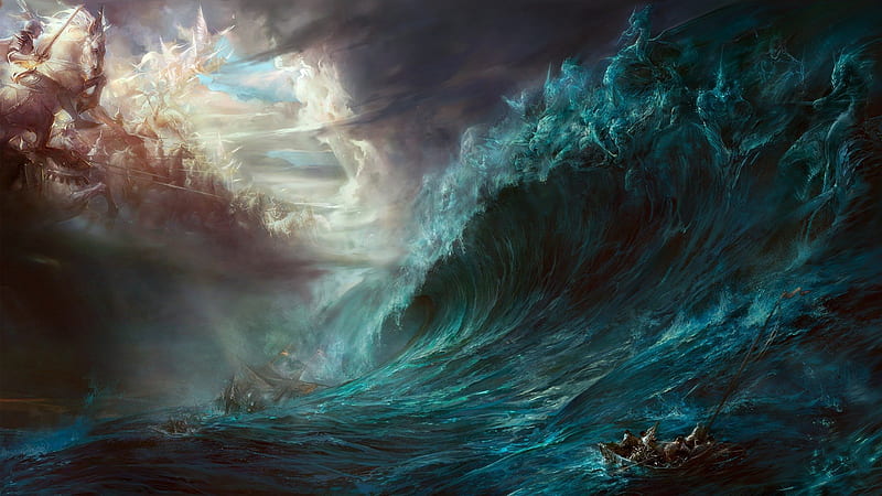 Two Armies Among the Waves, ships, swords, guerra, waves, soldiers, abstract, clouds, angels, warriors, boats, fantasy, water, battle, armies, heaven, HD wallpaper