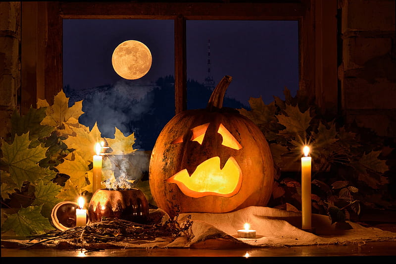Frightened Pumpkin, window, wooden table, sky, candles, still life, frightened, leaves, moon, stone wall, pumpkin, HD wallpaper