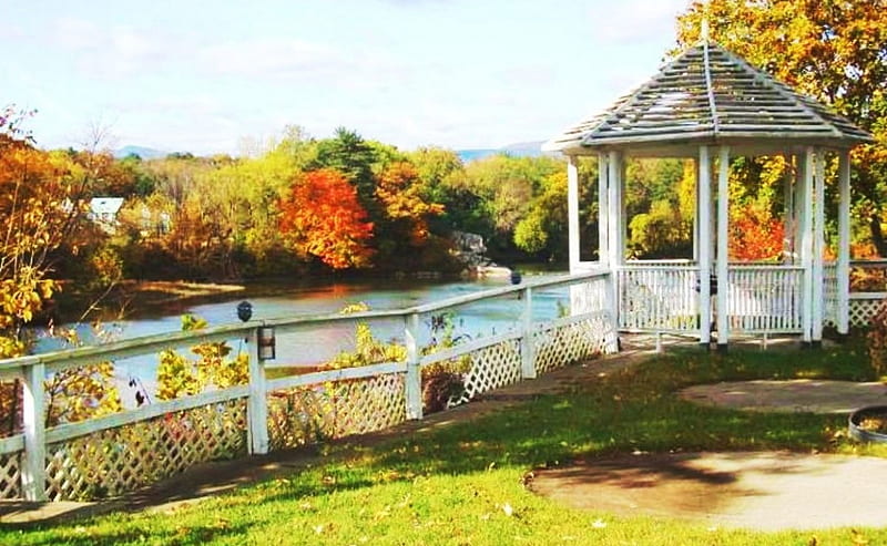Park Gazebo, fence, fall, colors, river, trees, HD wallpaper | Peakpx