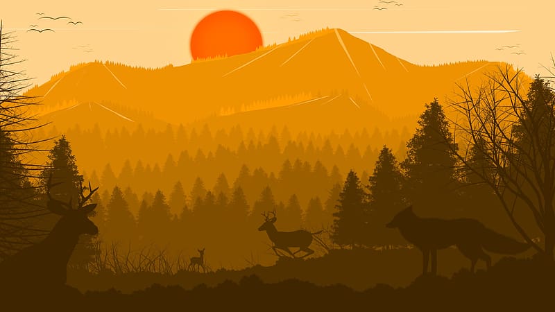 Sunset, animal, deer, yellow, vector, orange, wolf, silhouette, fantasy, HD wallpaper