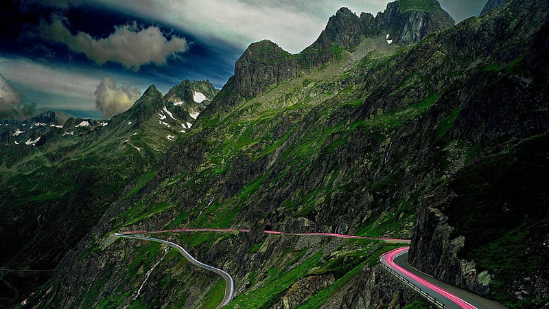 light on a serpentine mountain road, grass, mountains, road, clouds, lights, HD wallpaper