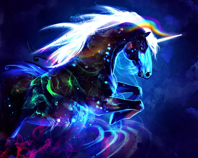 Unicorn, rainbow, horse, fantasy, magnetic storm, green, daenzar, white, pink, blue, HD wallpaper