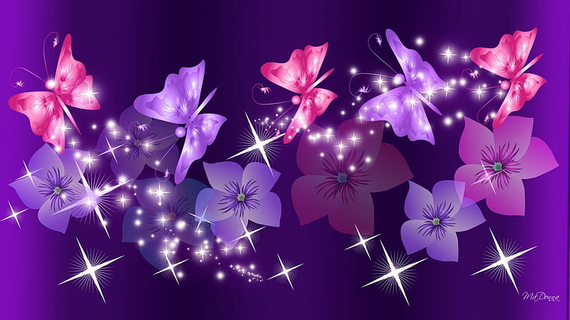 Purple Pink Collaboration, stars, flowers, glow, shine, butterflies, spring, sparkle, butterfly, purple, bright, summer, papillon, flowers, pink, glisten, HD wallpaper