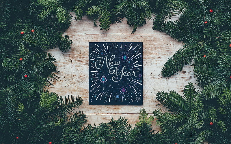 Happy New Year, Christmas tree frame, creative art, Christmas, wood texture, 2020 concepts, HD wallpaper