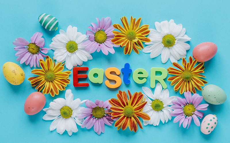 Easter, spring flowers, gerbera, easter eggs, spring holidays, decoration, HD wallpaper