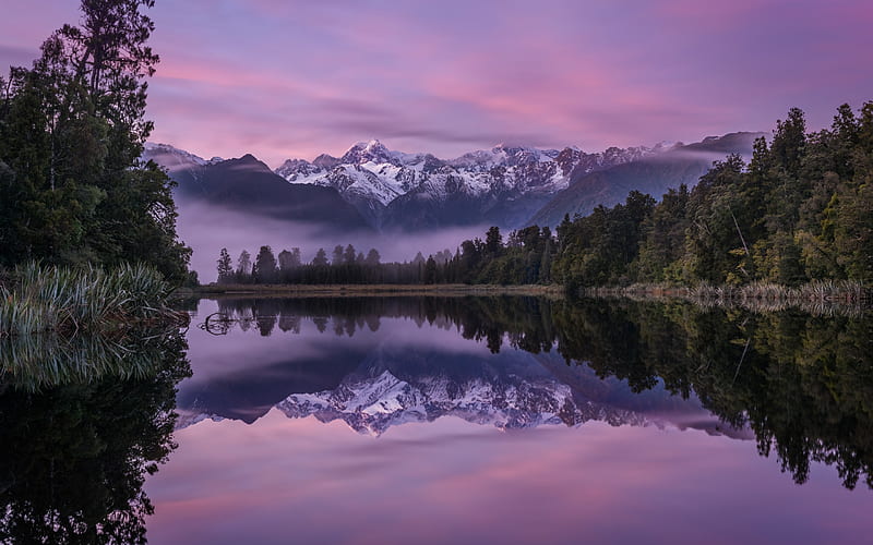 Lake Matheson, morning, sunrise, mountain lake, forest, mountain landscape, Southern Alps, New Zealand, HD wallpaper
