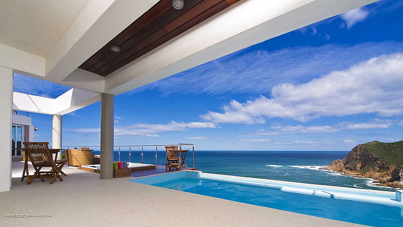 pool overlooking a beach, beach, house, pool, sea, HD wallpaper