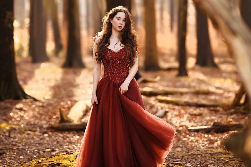 Pretty Woman Posing In The Forest Model Forest Dress Brunette Hd