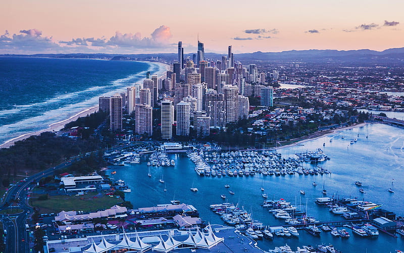 Queensland Gold Coast, sunset, australian cities, harbor, Australia, Queensland in evening, HD wallpaper