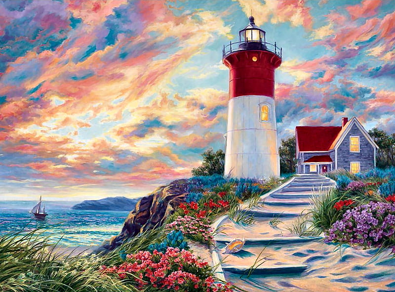 Lighthouse at Sunset F1C, architecture, art, bonito, sunset, illustration, artwork, lighthouse, painting, wide screen, seascape, scenery, HD wallpaper