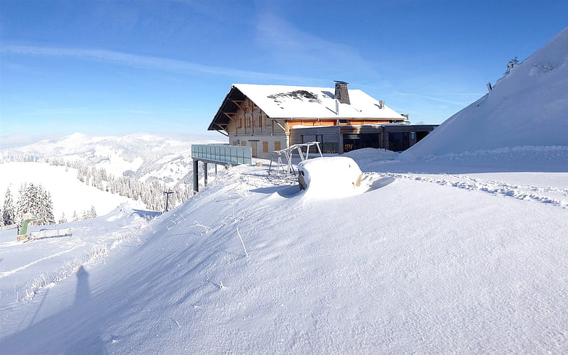 Winter House, house, chalet, winter, cold, snow, mountains, nature