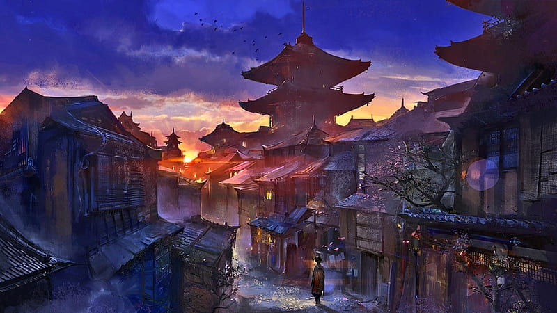 Kyoto, city, fantasy, eastern, landscape, HD wallpaper