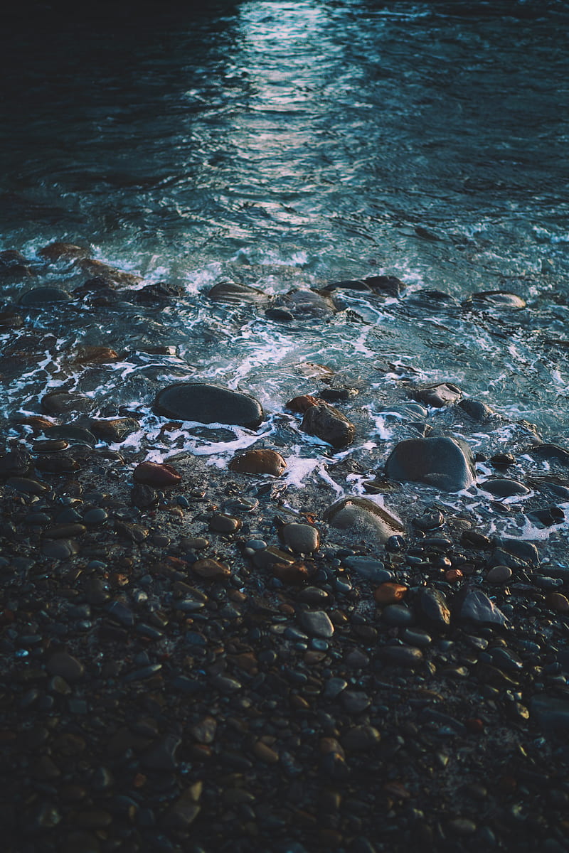 water, pebbles, shore, waves, beach, HD phone wallpaper