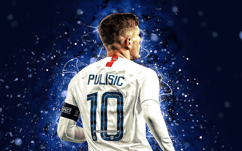 Christian Pulisic back view, USA National Team, soccer, Christian Mate Pulisic, footballers, blue neon lights, Christian Pulisic , American soccer team, HD wallpaper