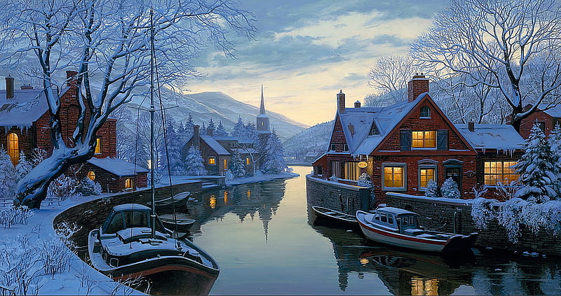 Winter landscape, house, paint, canal, lights, winter, boats, city, water, painting, nature, evening, landscape, HD wallpaper