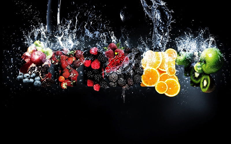 Fruits, apple, water, strawberry, blackberry, rasberry, lemon, HD wallpaper