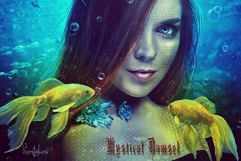 Mermaid, fsh, face, blue, secretadmires, luminos, peste, yellow, vara, fantasy, girl, summer, siren, HD wallpaper
