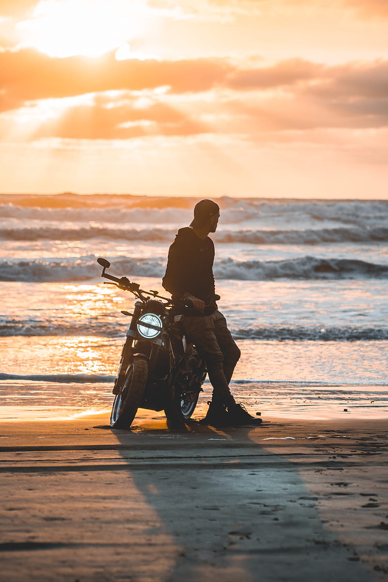 motorcyclist, motorcycle, silhouette, sunset, loneliness, HD phone wallpaper
