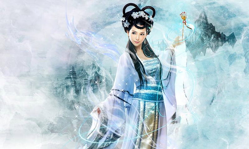 Fantasy Oriental Girl, oriental, lovely, dreamy, fantasy girl, digital, chinese, Art, kimono, HD wallpaper