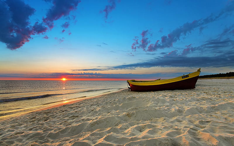 Sunset-Beach, beach, sunset, boat, relaxing, HD wallpaper
