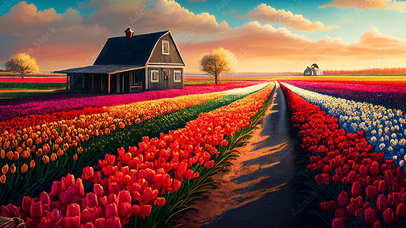 Tulips in Field, clouds, flowers, house, sunset, artwork, rows, tree, sky, digital, HD wallpaper