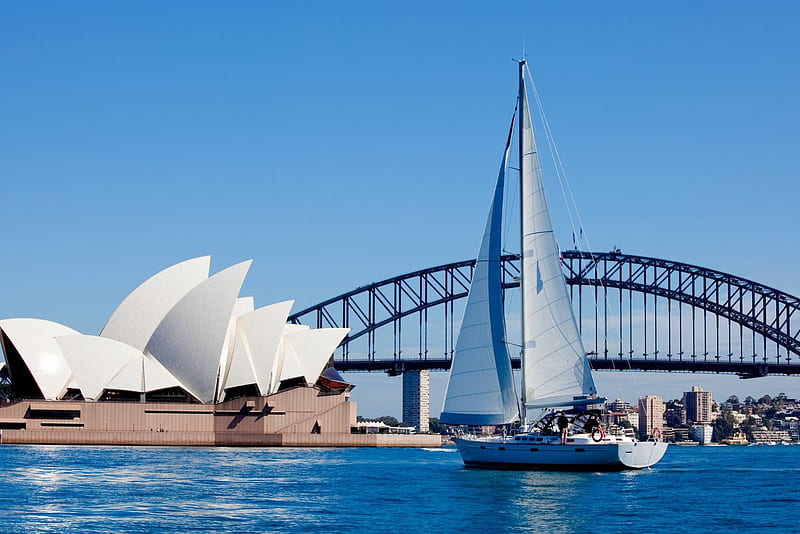 Sydney Harbour-Opera House-Harbour Bridge, architecture, boat, harbour, bridge, HD wallpaper