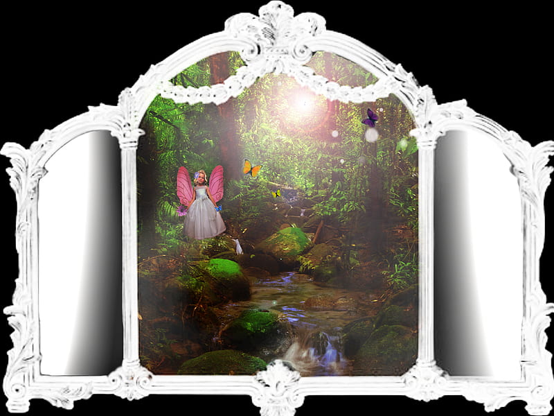 behind the mirror, forest, fairy tale, mirror, fairy, light, HD wallpaper