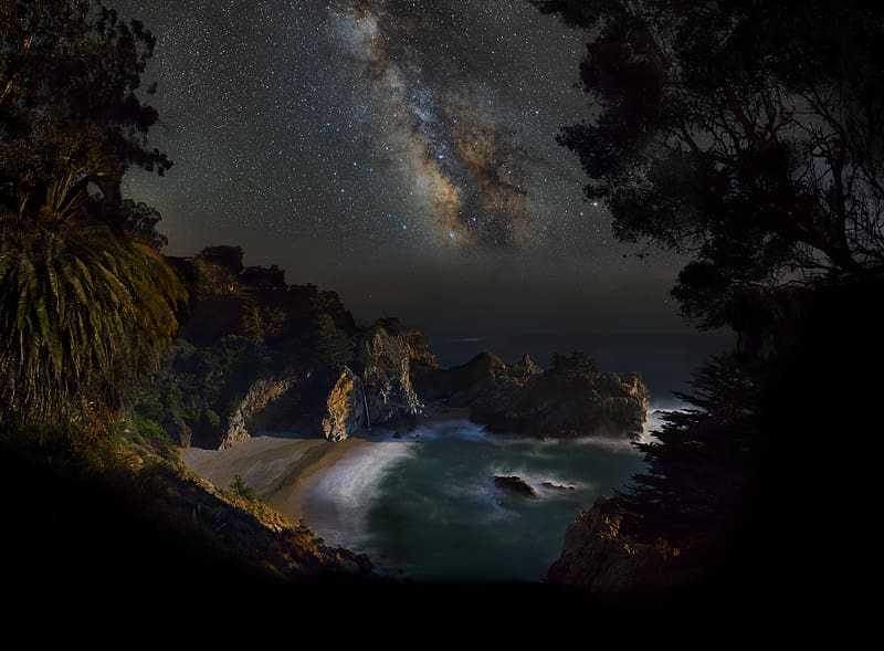 Sky, Stars, Night, Mountain, Waterfall, Starry Sky, , Milky Way, California, Big Sur, Mcway Falls, HD wallpaper
