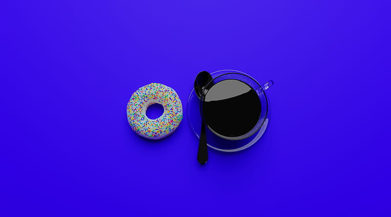 Coffee with a Donut Ultra, Artistic, 3D, Blue, doughnut, coffee, donut, render, blender, desenho, minimalistic, HD wallpaper