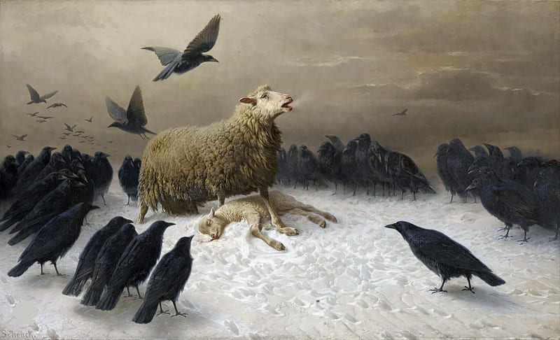 Pain, bird, pasari, painting, lamb, art, raven, black, winter, sheep, august friedrich schenck, white, HD wallpaper