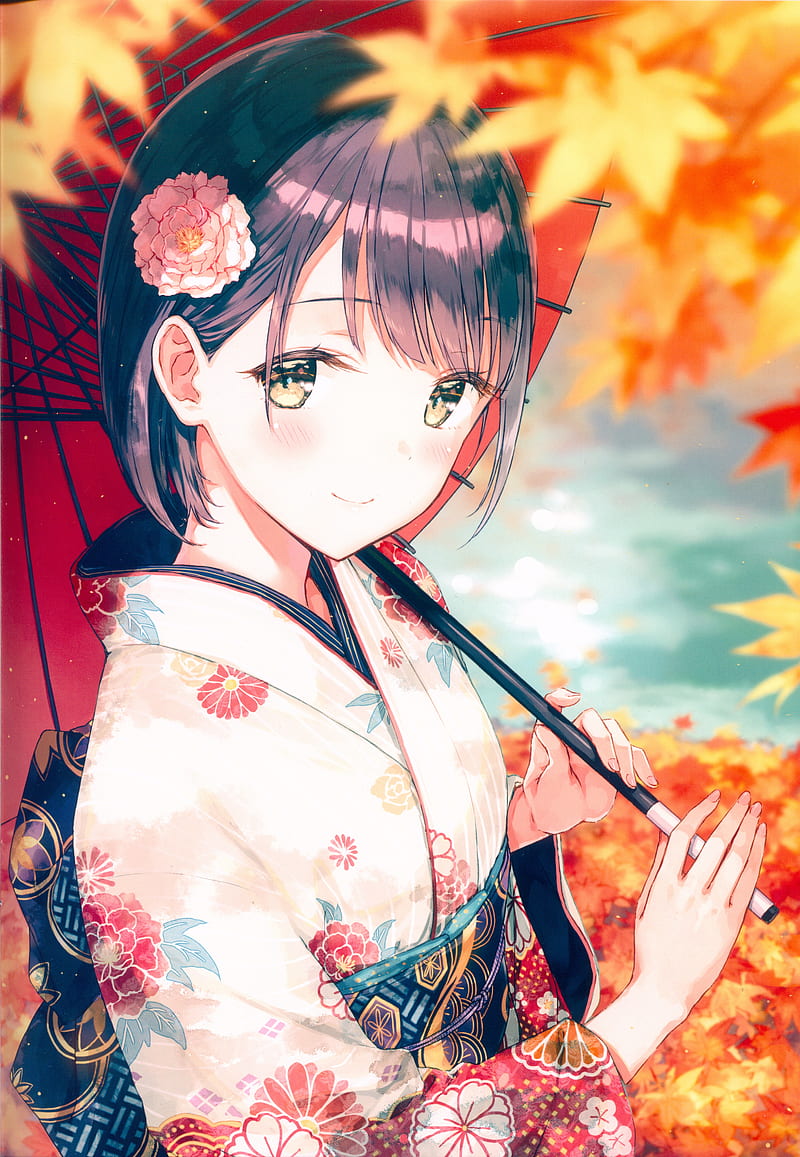 anime girl, kimono, autumn, leaves, short hair, flower, cute, Anime, HD phone wallpaper