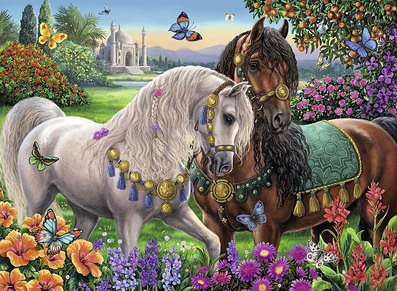 Royal Horses, mosque, brown, painting, flowers, butterflies, white, artwork, meadow, HD wallpaper