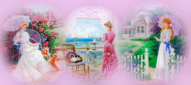 Waiting, ships, lilac garden, cottage, redhead, rocking chair, book, blonde, sea, water, the letter, flowers, cats, rose garden, dogs, HD wallpaper