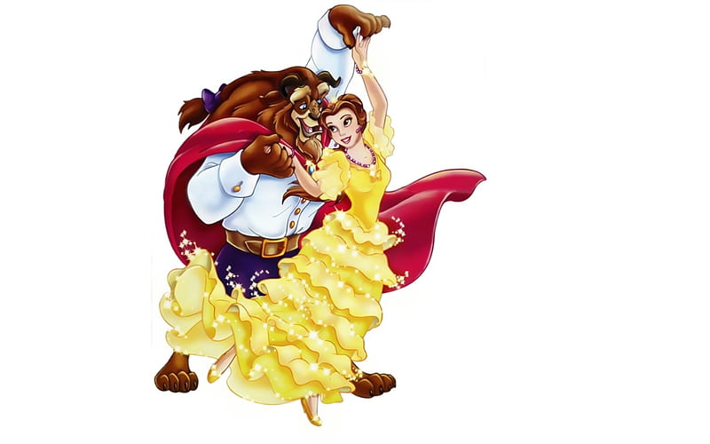 Ole!, red, beauty and the beast, movie, belle, fantasy, girl, ireprincess, animation, yellow dress, dance, couple, HD wallpaper