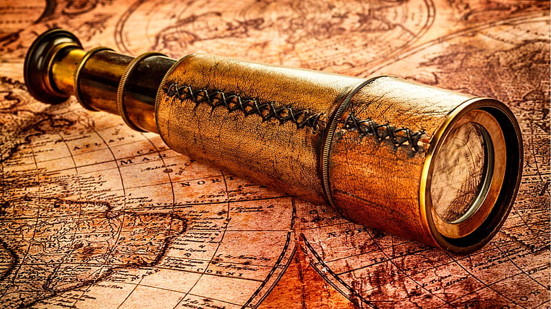 Vintage Telescope and Map, navigate, telescope, shipping, map, captain, vintage, HD wallpaper