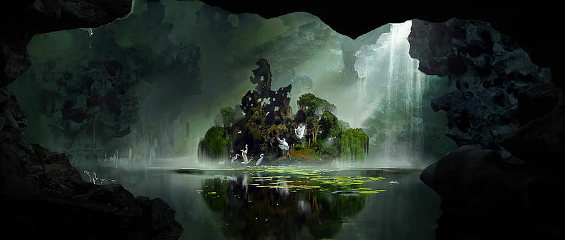 Cave, art, water, fantasy, luminos, bird, crane, liu qing, HD wallpaper