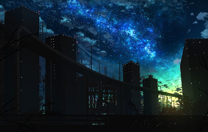 buildings, silhouette, bridge, night, nebula, art, HD wallpaper