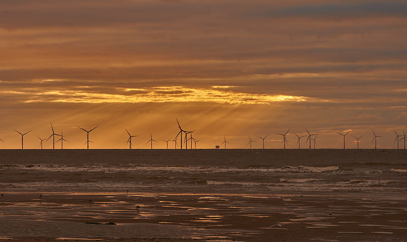 Man Made, Wind Turbine, Horizon, Sea, Sunbeam, Sunset, HD wallpaper