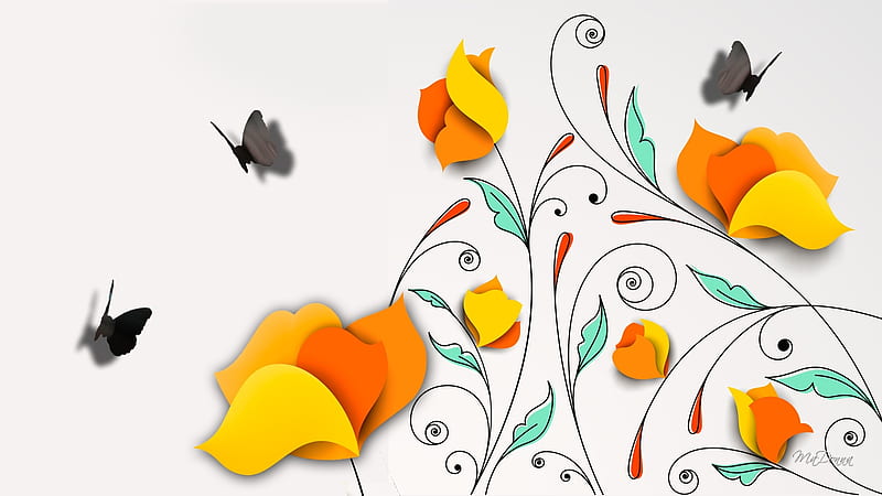 Flowers and Butterfly Shadows, dimensional, 3D, cut outs, flowers, shadows, spring, butterflies, Firefox Persona theme, HD wallpaper
