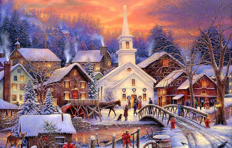 ★Christmas of Hope★, villages, pretty, Christmas, christmas tree, holidays, attractions in dreams, bonito, xmas and new year, greetings, paintings, people, churches, lovely, houses, bridges, white trees, colors, love four seasons, winter, snow, winter holidays, HD wallpaper