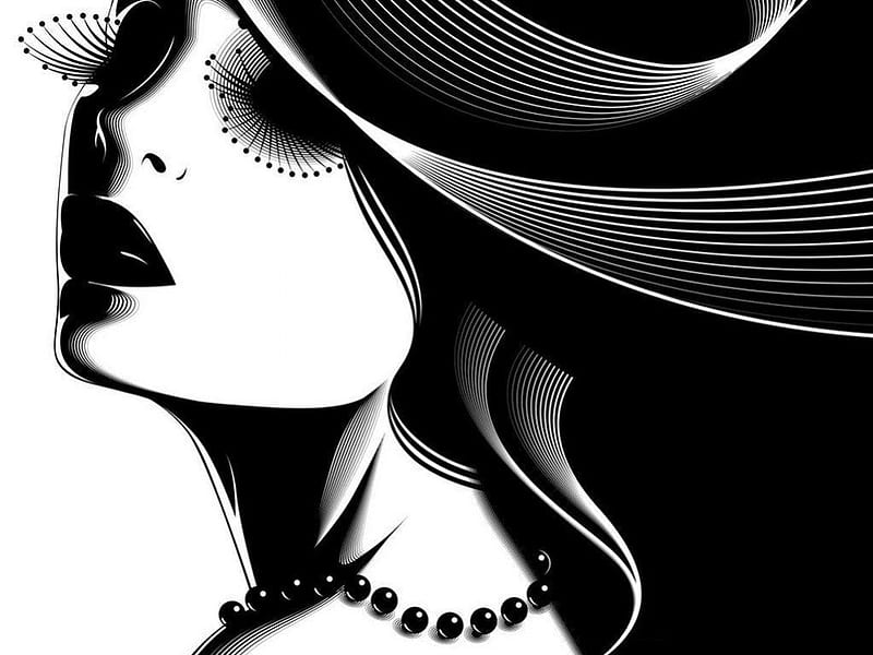 Jasmine, black and white, art deco, woman, hat, retro, girl, pearls, vintage, HD wallpaper